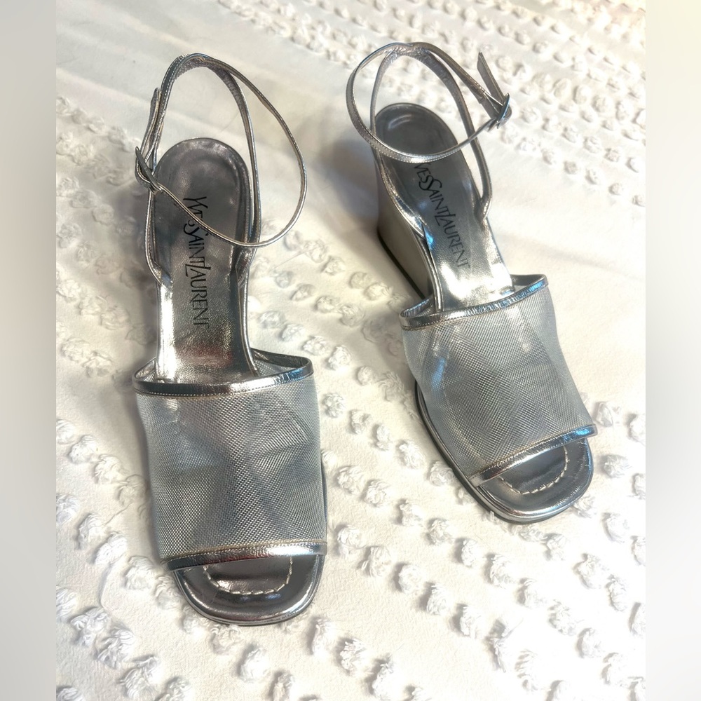YSL — Yves Saint Laurent — Size 8 — Vintage Square Toe Silver Mesh Sandals